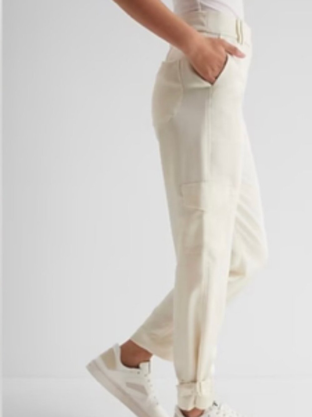 Express Ivory Satin Super High Rise Adjustable Buckle Hem Cargo Pant Sz 12 Long - Picture 2 of 16